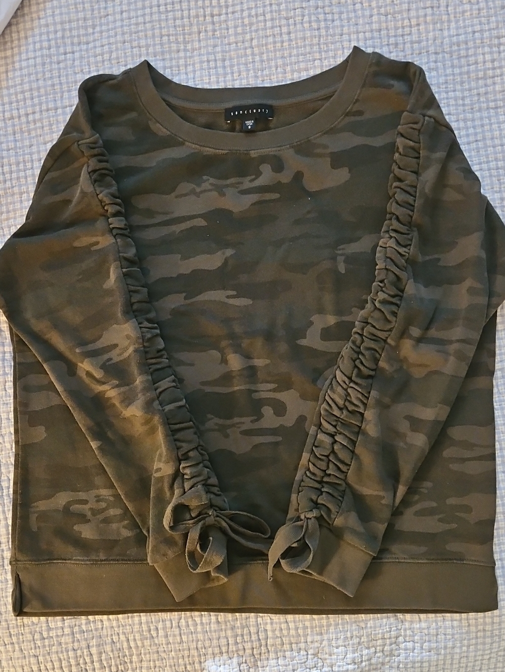Lush Olive Camo Ruffle-Trim Pullover Sweatshirt